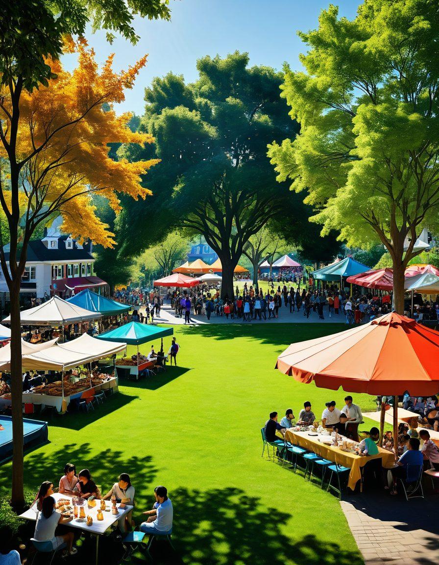 A lively neighborhood scene featuring diverse individuals mingling at a local park, with food stalls, musicians, and children playing. Highlight community events with colorful banners, and include a variety of houses in the background to depict a sense of belonging. Soft, warm sunlight filters through the trees, creating an inviting atmosphere. vibrant colors. super-realistic.
