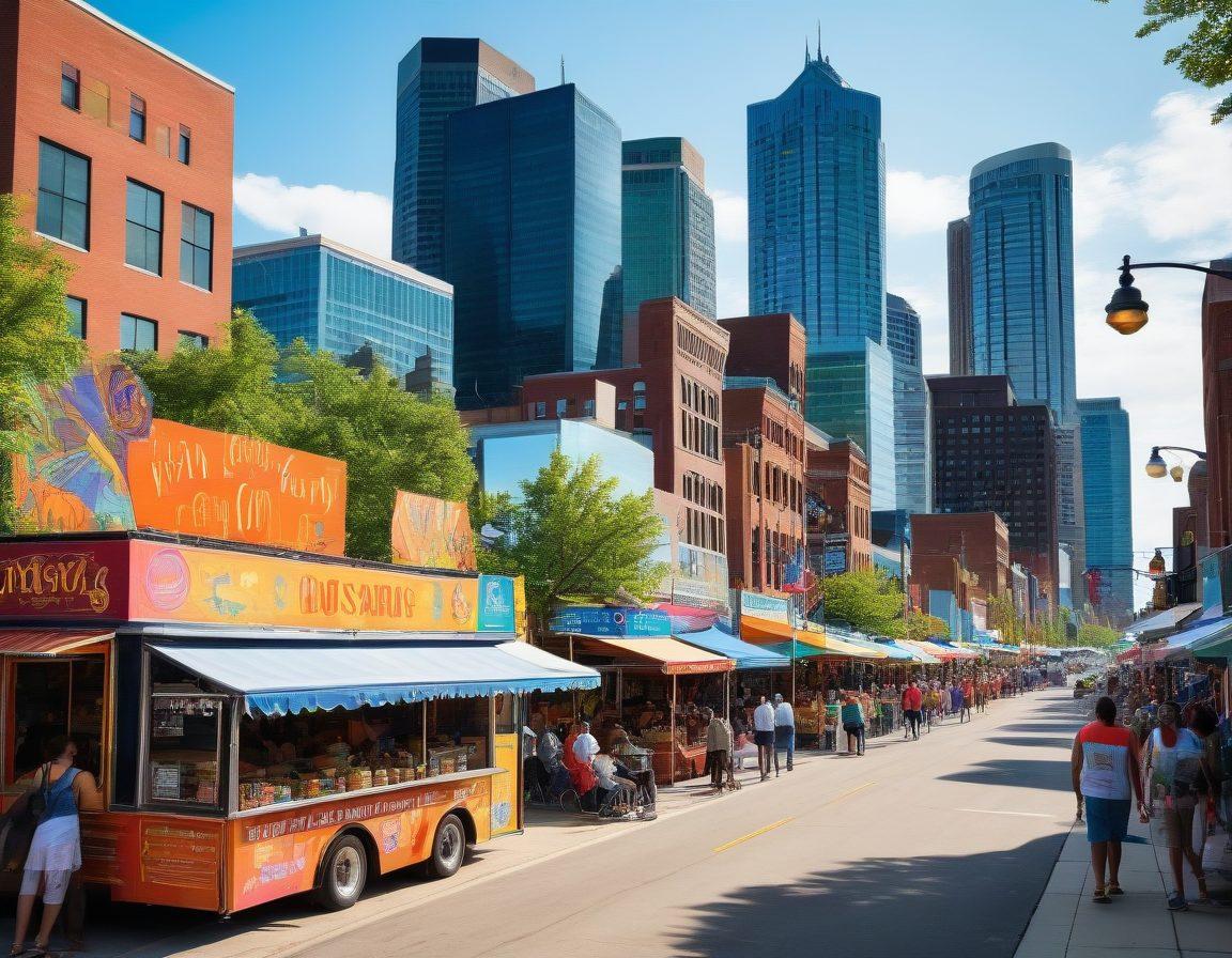 A vibrant cityscape of Detroit featuring iconic landmarks like the Renaissance Center and Motown Museum, bustling with diverse community events such as a local street fair with food trucks, artists, and musicians. Include people of various backgrounds engaging with each other, showcasing unity and energy, with colorful banners and signs promoting local initiatives. The scene should have a sunny sky and lush greenery to enhance the lively atmosphere. super-realistic. vibrant colors. 3D.