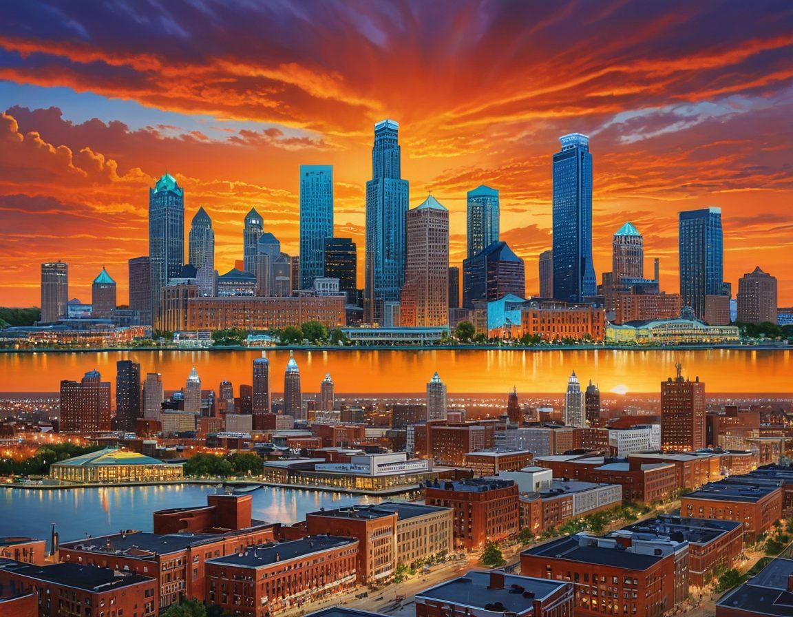 A dynamic collage showcasing the vibrant spirit of Detroit, featuring iconic landmarks like the Detroit skyline, cultural festivals, local events, and community gatherings with diverse citizens celebrating together. Include a warm sunset backdrop to symbolize unity and engagement. super-realistic. vibrant colors. panoramic view.